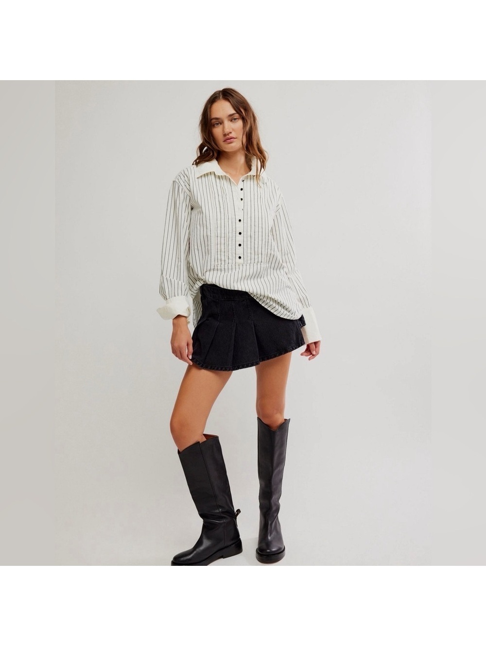 Free People We the Free After Hours Stripe Oversized 1/4 Button Down Top size xs